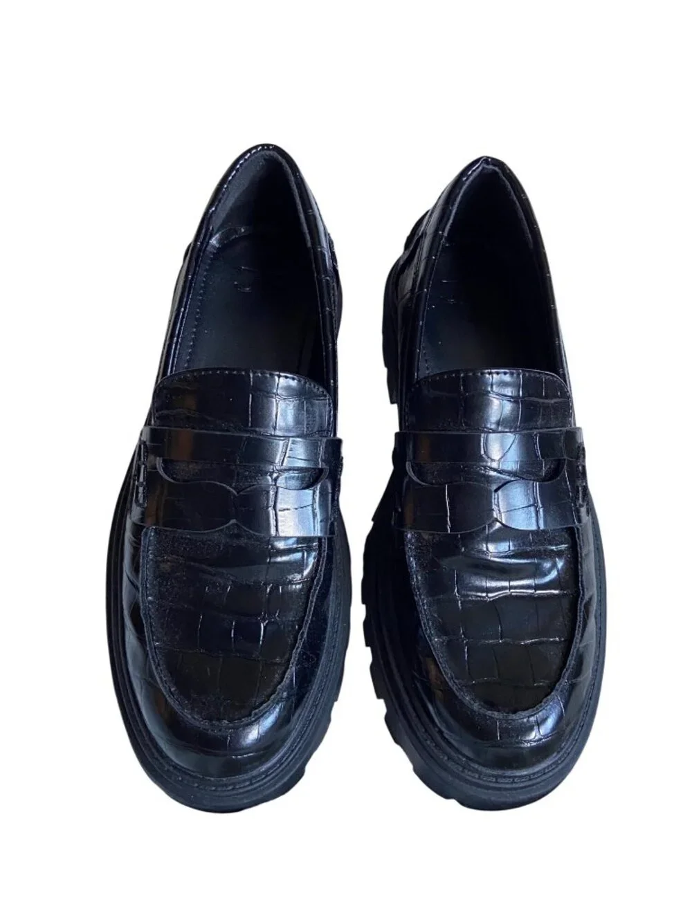 JF Black Croc Embossed Platform Loafers Women's Size 6 Chunky Lug Sole